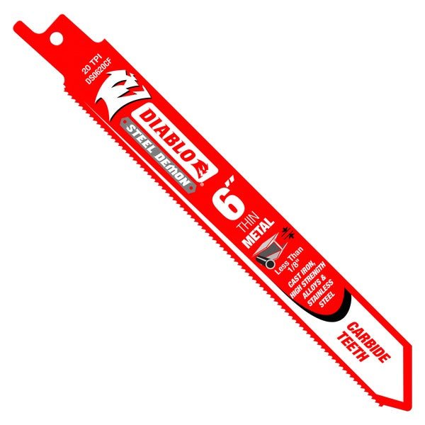 Diablo DS0620CF 6 in. Steel Demon Carbide Recip Blades for Thin Metal (less than 1/8 in.) Cutting - Lined Out Diablo DS0620CF 6 in. Steel Demon Carbide Recip Blades for Thin Metal (less than 1/8 in.) CuttingSaw Blades