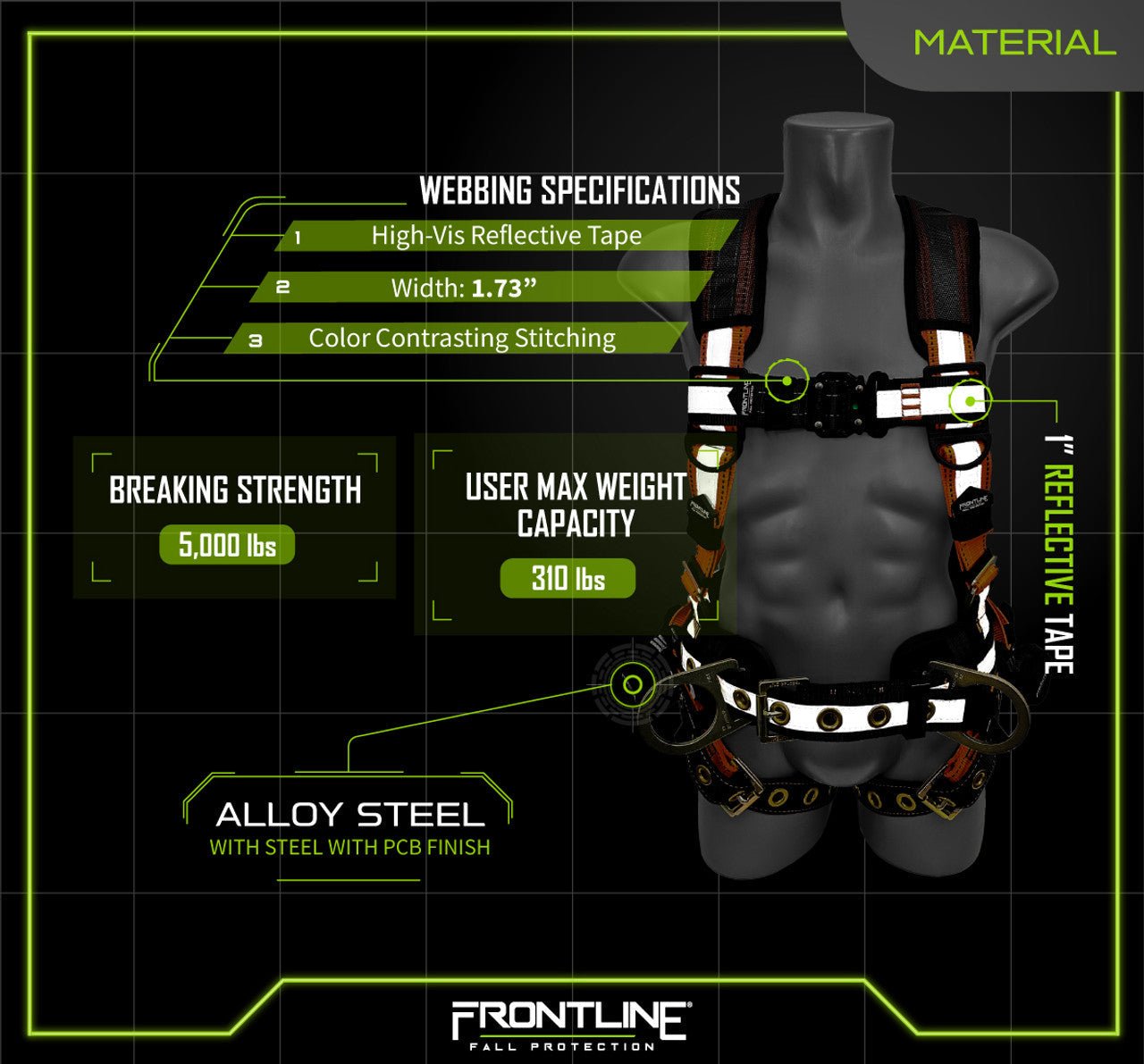 Frontline 100RCTB Combat Reflective Construction Full Body Harness with Tongue Buckle Legs and Trauma Straps 3X/4X - Lined Out Frontline 100RCTB Combat Reflective Construction Full Body Harness with Tongue Buckle Legs and Trauma Straps 3X/4XWork Safety Harnesses
