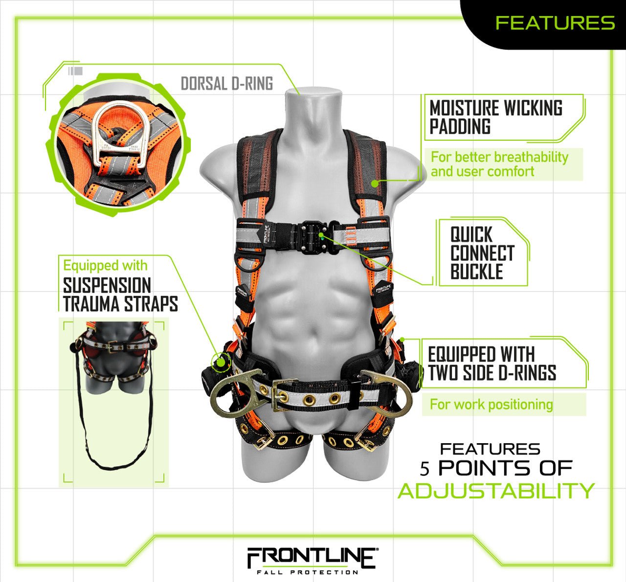 Frontline 100RCTB Combat Reflective Construction Full Body Harness with Tongue Buckle Legs and Trauma Straps XL/2X - Lined Out Frontline 100RCTB Combat Reflective Construction Full Body Harness with Tongue Buckle Legs and Trauma Straps XL/2XWork Safety Harnesses