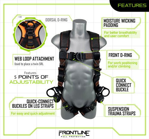 Frontline 105CFTB Combat Vest Style Harness with Front Side D - Rings and Suspension Trauma Straps 2X/3X - Lined Out Frontline 105CFTB Combat Vest Style Harness with Front Side D - Rings and Suspension Trauma Straps 2X/3XWork Safety Harnesses