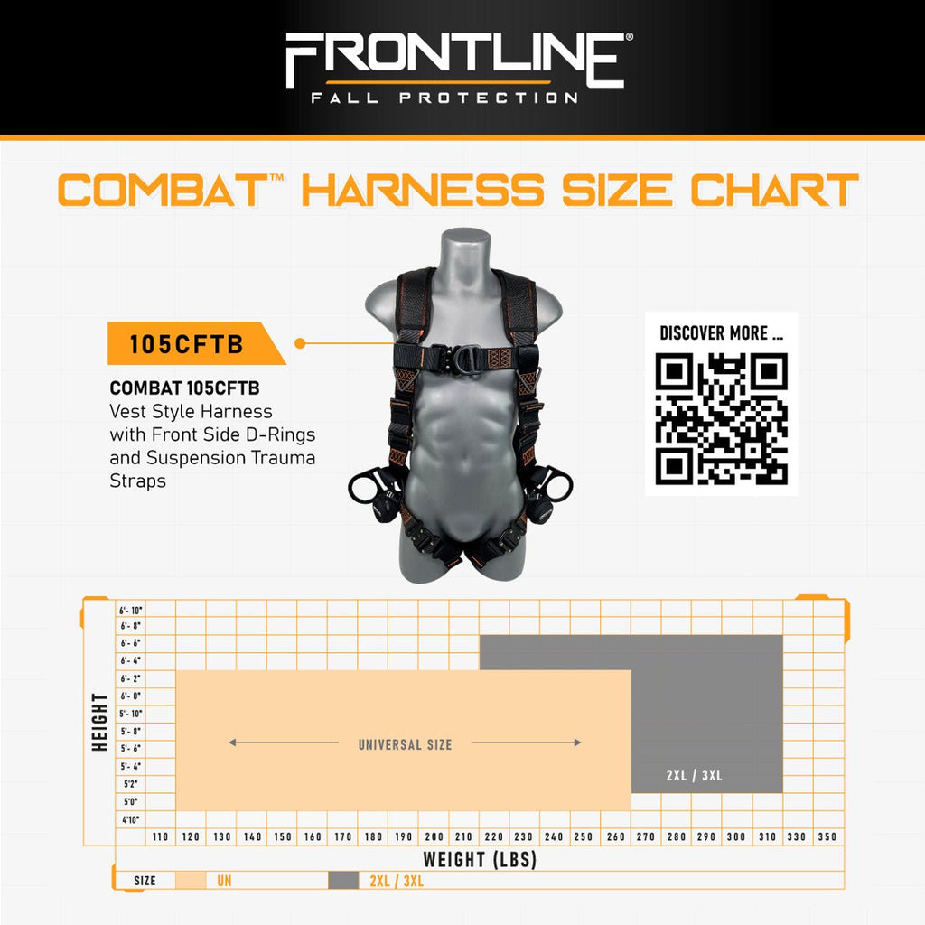 Frontline 105CFTB Combat Vest Style Harness with Front Side D - Rings and Suspension Trauma Straps Universal - Lined Out Frontline 105CFTB Combat Vest Style Harness with Front Side D - Rings and Suspension Trauma Straps UniversalWork Safety Harnesses