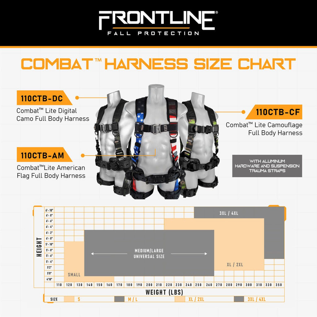 Frontline 110CTB - AM American Style Full Body Harness with Aluminum Hardware and Suspension Trauma Straps M/L - Lined Out Frontline 110CTB - AM American Style Full Body Harness with Aluminum Hardware and Suspension Trauma Straps M/LWork Safety Harnesses