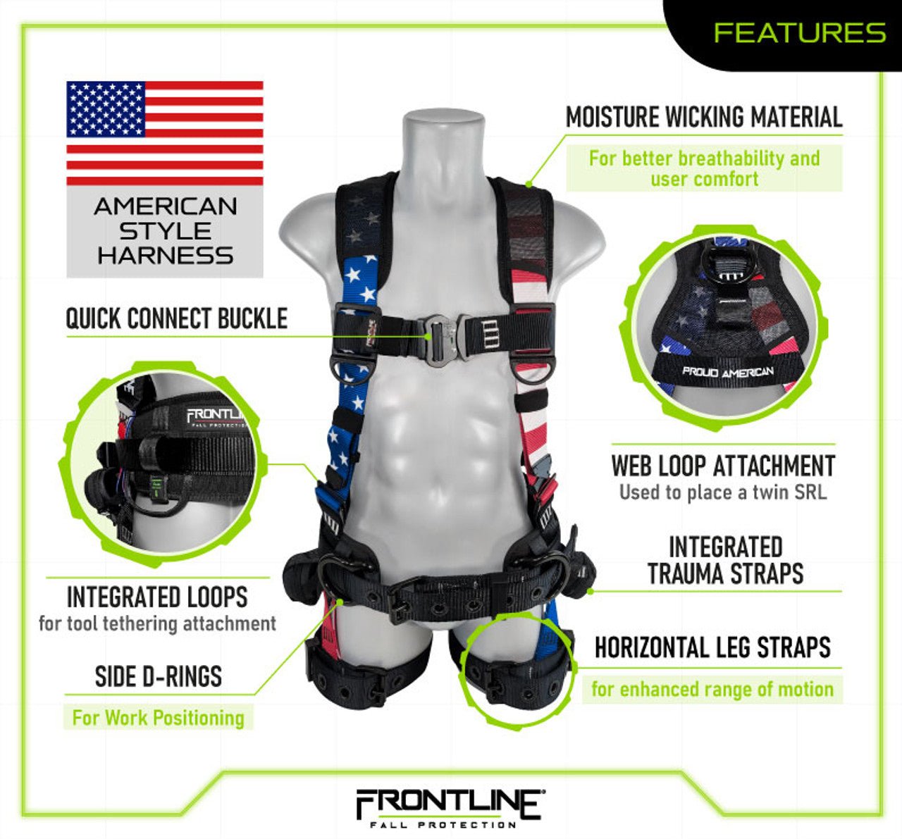 Frontline 110CTB - AM American Style Full Body Harness with Aluminum Hardware and Suspension Trauma Straps M/L - Lined Out Frontline 110CTB - AM American Style Full Body Harness with Aluminum Hardware and Suspension Trauma Straps M/LWork Safety Harnesses