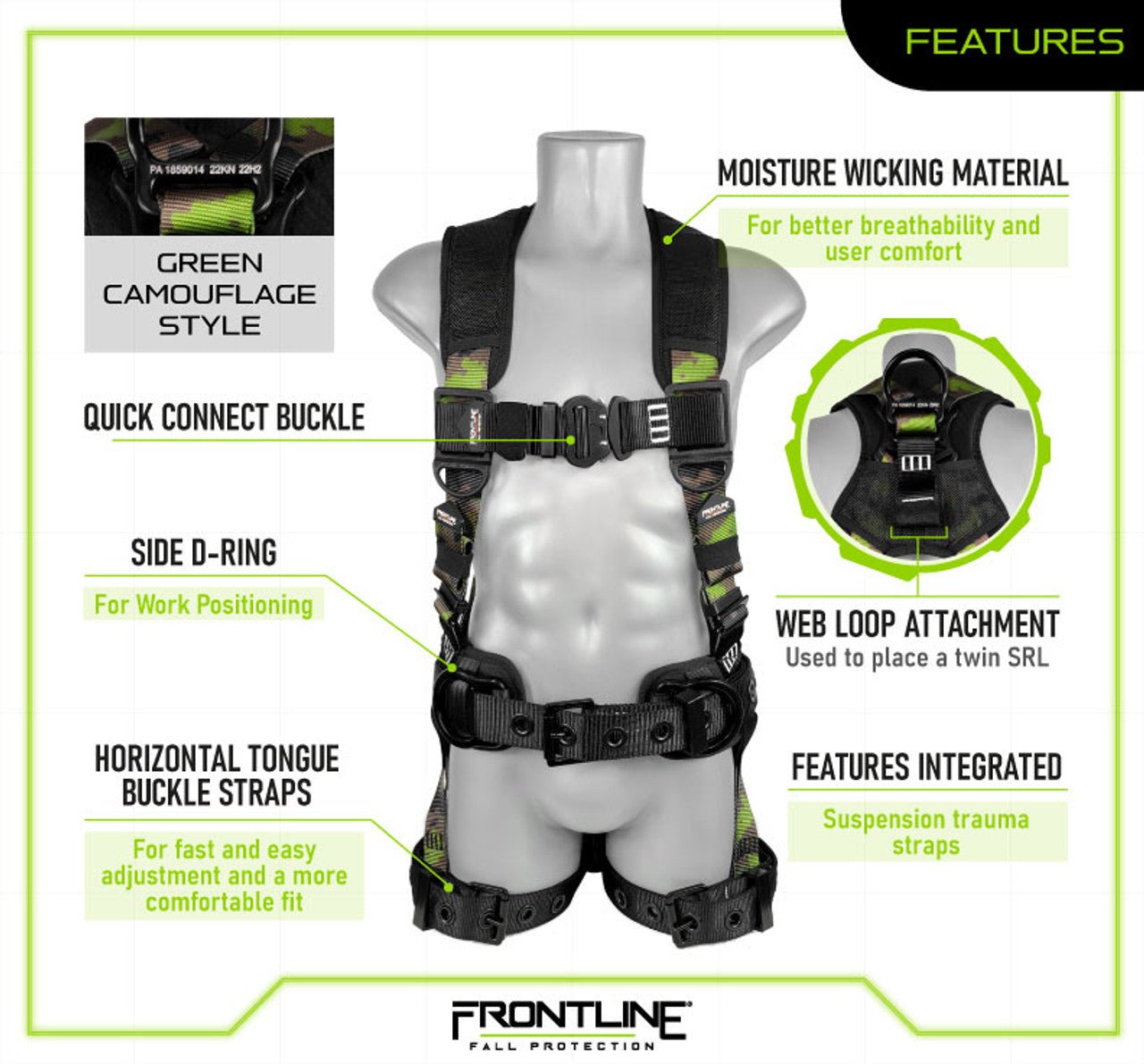 Frontline 110CTB - CF Camouflage Full Body Harness with Aluminum Hardware and Suspension Trauma Straps M/L - Lined Out Frontline 110CTB - CF Camouflage Full Body Harness with Aluminum Hardware and Suspension Trauma Straps M/LWork Safety Harnesses