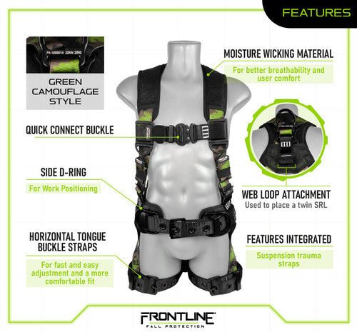 Frontline 110CTB - CF Camouflage Full Body Harness with Aluminum Hardware and Suspension Trauma Straps XL/2X - Lined Out Frontline 110CTB - CF Camouflage Full Body Harness with Aluminum Hardware and Suspension Trauma Straps XL/2XWork Safety Harnesses