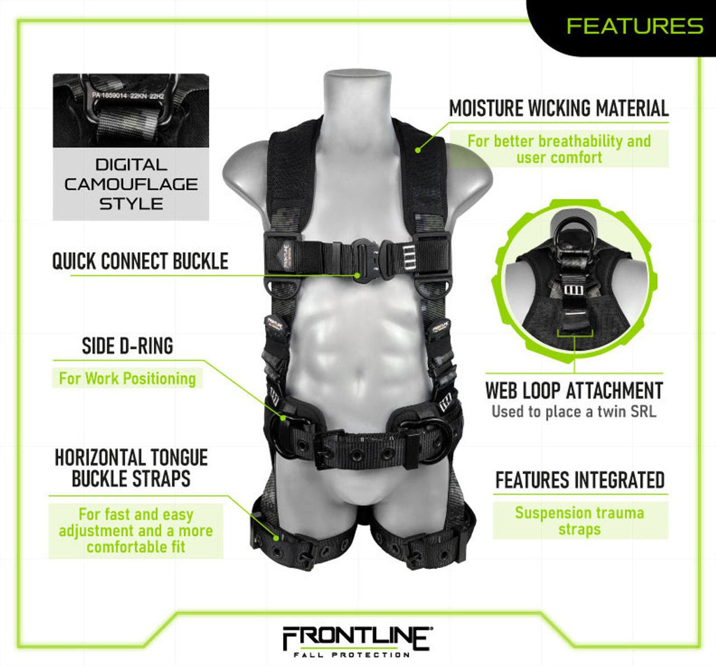Frontline 110CTB - DC Digital Camo Full Body Harness with Aluminum Hardware and Suspension Trauma Straps M/L - Lined Out Frontline 110CTB - DC Digital Camo Full Body Harness with Aluminum Hardware and Suspension Trauma Straps M/LWork Safety Harnesses