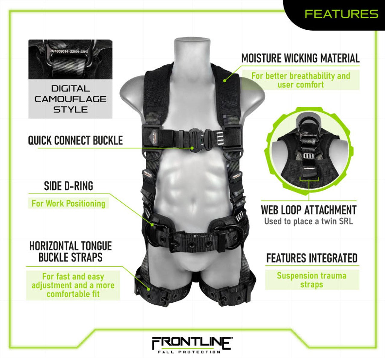 Frontline 110CTB - DC Digital Camo Full Body Harness with Aluminum Hardware and Suspension Trauma Straps XL/2X - Lined Out Frontline 110CTB - DC Digital Camo Full Body Harness with Aluminum Hardware and Suspension Trauma Straps XL/2XWork Safety Harnesses