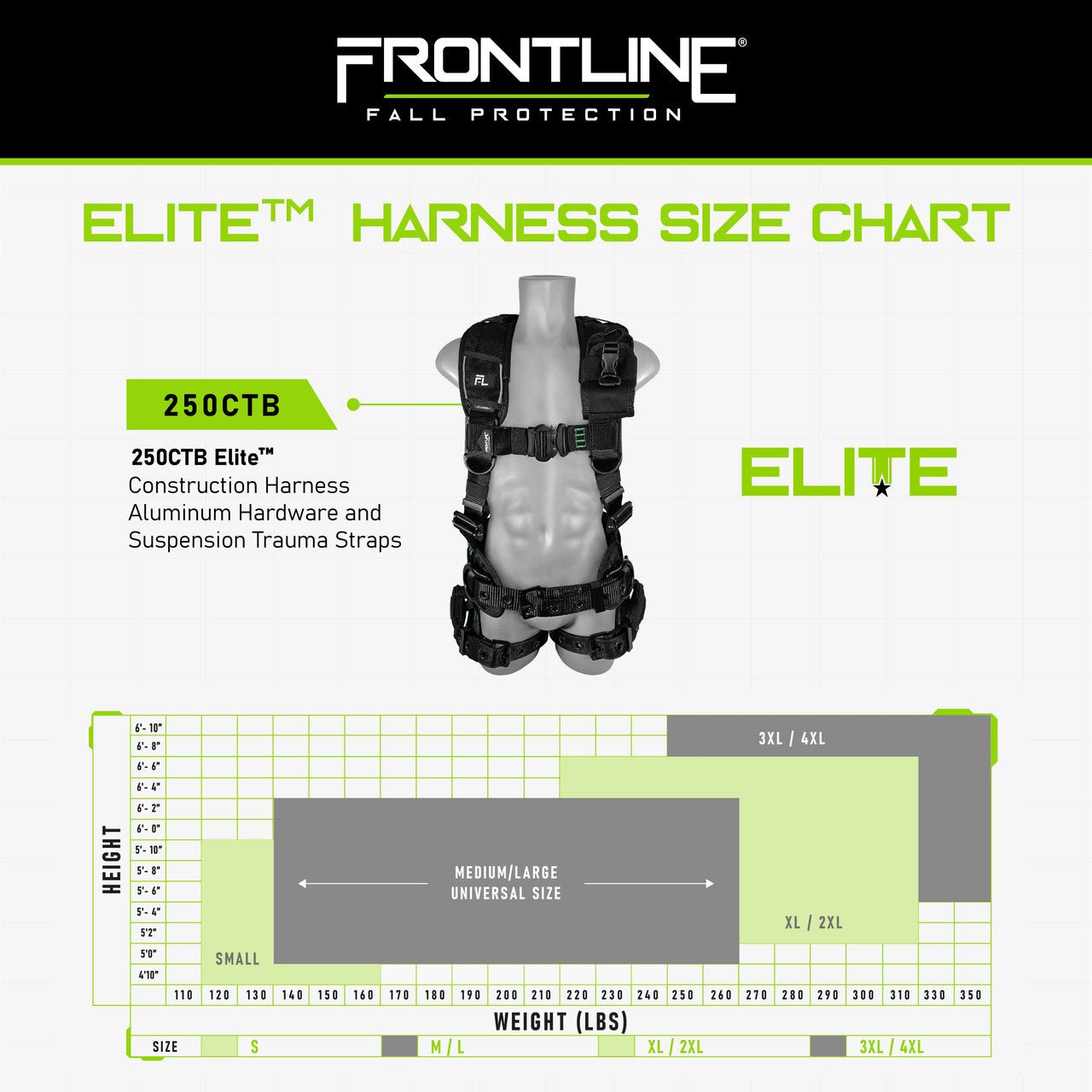 Frontline 250CTB Elite Construction Harness Aluminum Hardware and Suspension Trauma Straps S - Lined Out Frontline 250CTB Elite Construction Harness Aluminum Hardware and Suspension Trauma Straps SWork Safety Harnesses