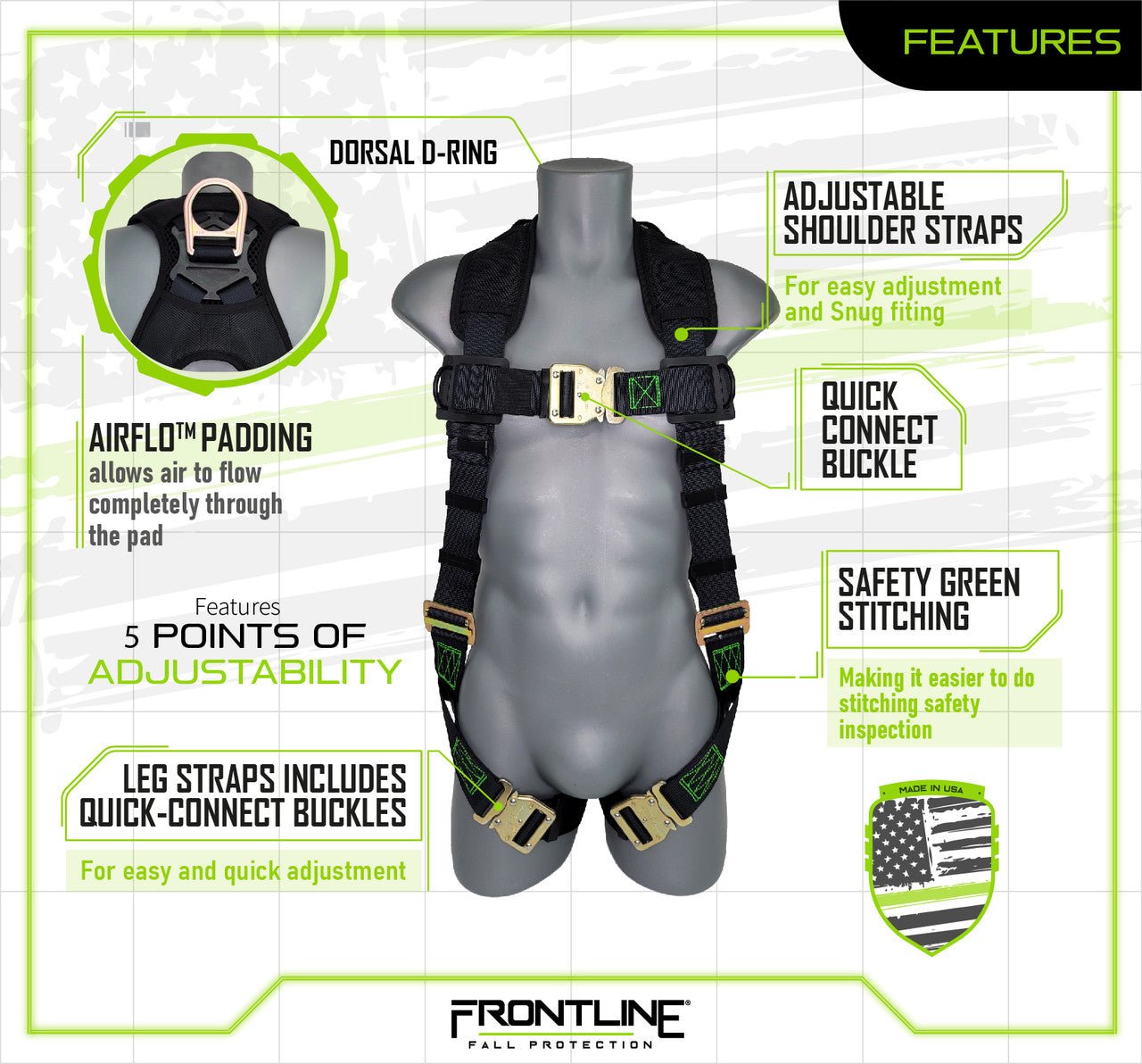 Frontline 310VQC Patriot Vest Style Harness with Airflo and Quick Connect Buckles - Made in USA Universal - Lined Out Frontline 310VQC Patriot Vest Style Harness with Airflo and Quick Connect Buckles - Made in USA UniversalWork Safety Harnesses
