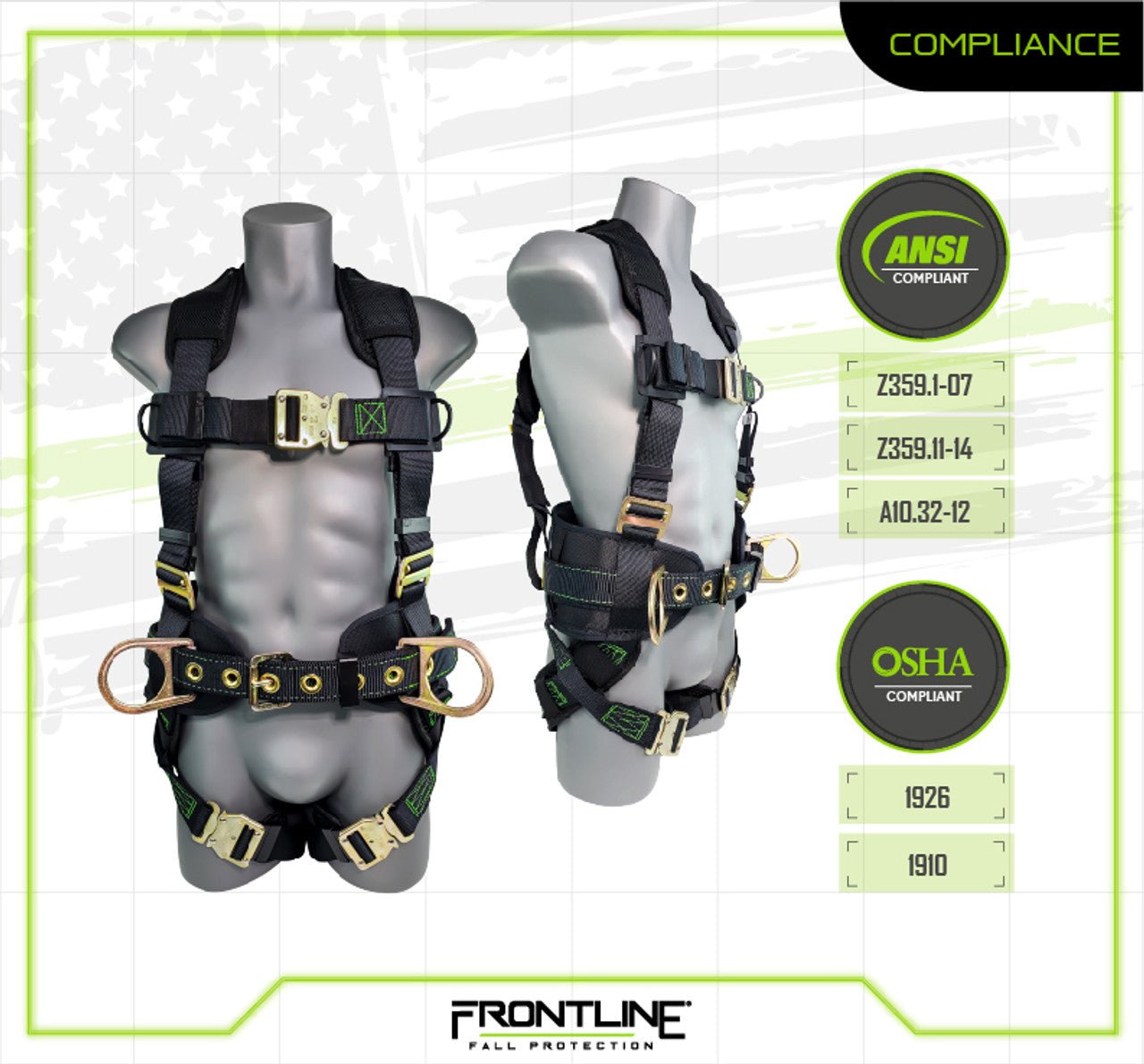 Frontline 350CQC Patriot Construction Harness with Airflo and Quick Connect Buckles - Made in USA 2XL - Lined Out Frontline 350CQC Patriot Construction Harness with Airflo and Quick Connect Buckles - Made in USA 2XLWork Safety Harnesses