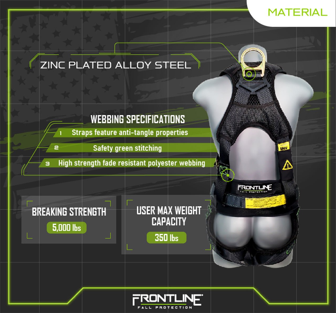Frontline 350CQC Patriot Construction Harness with Airflo and Quick Connect Buckles - Made in USA 2XL - Lined Out Frontline 350CQC Patriot Construction Harness with Airflo and Quick Connect Buckles - Made in USA 2XLWork Safety Harnesses