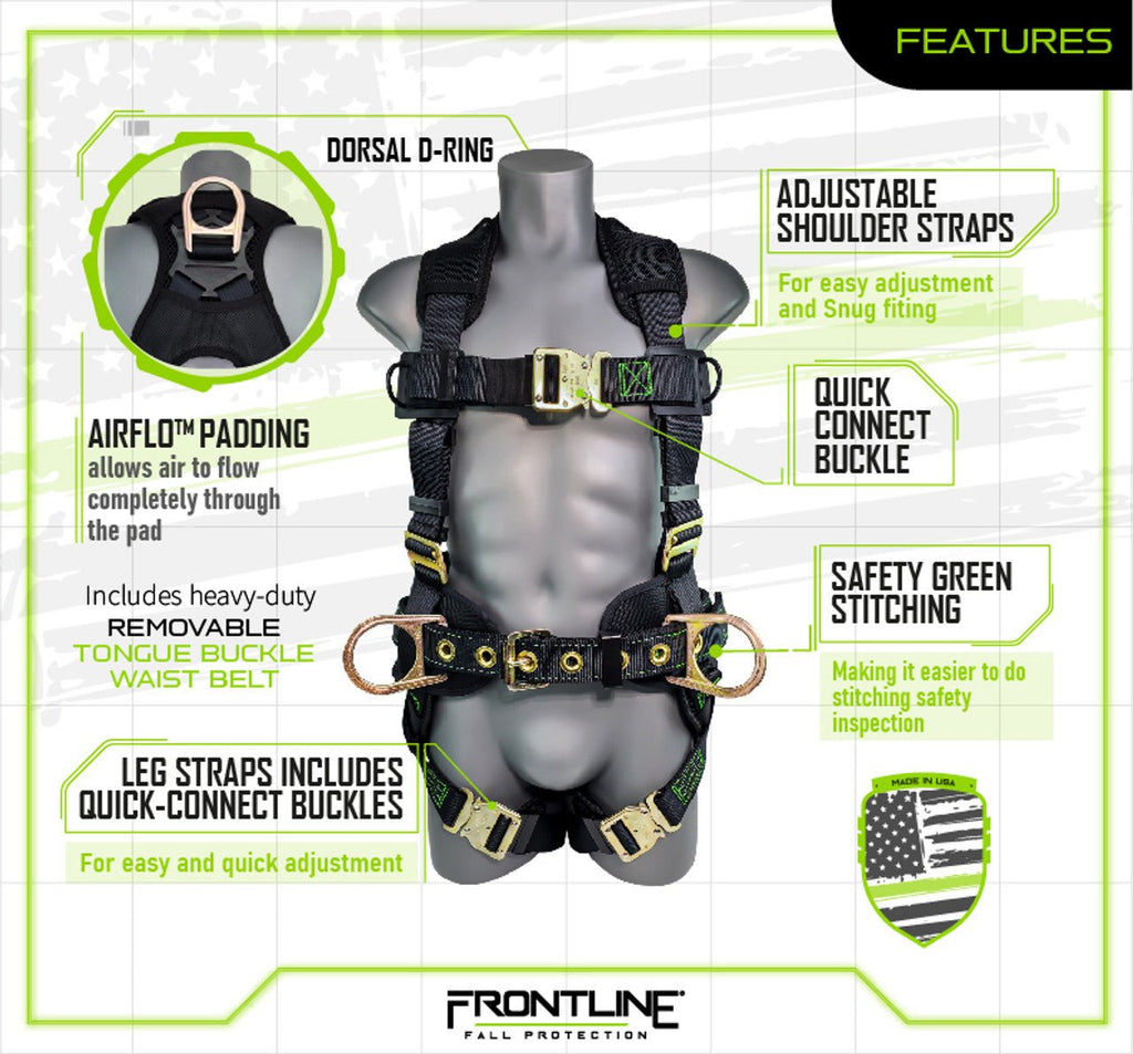 Frontline 350CQC Patriot Construction Harness with Airflo and Quick Connect Buckles - Made in USA Universal - Lined Out Frontline 350CQC Patriot Construction Harness with Airflo and Quick Connect Buckles - Made in USA UniversalWork Safety Harnesses