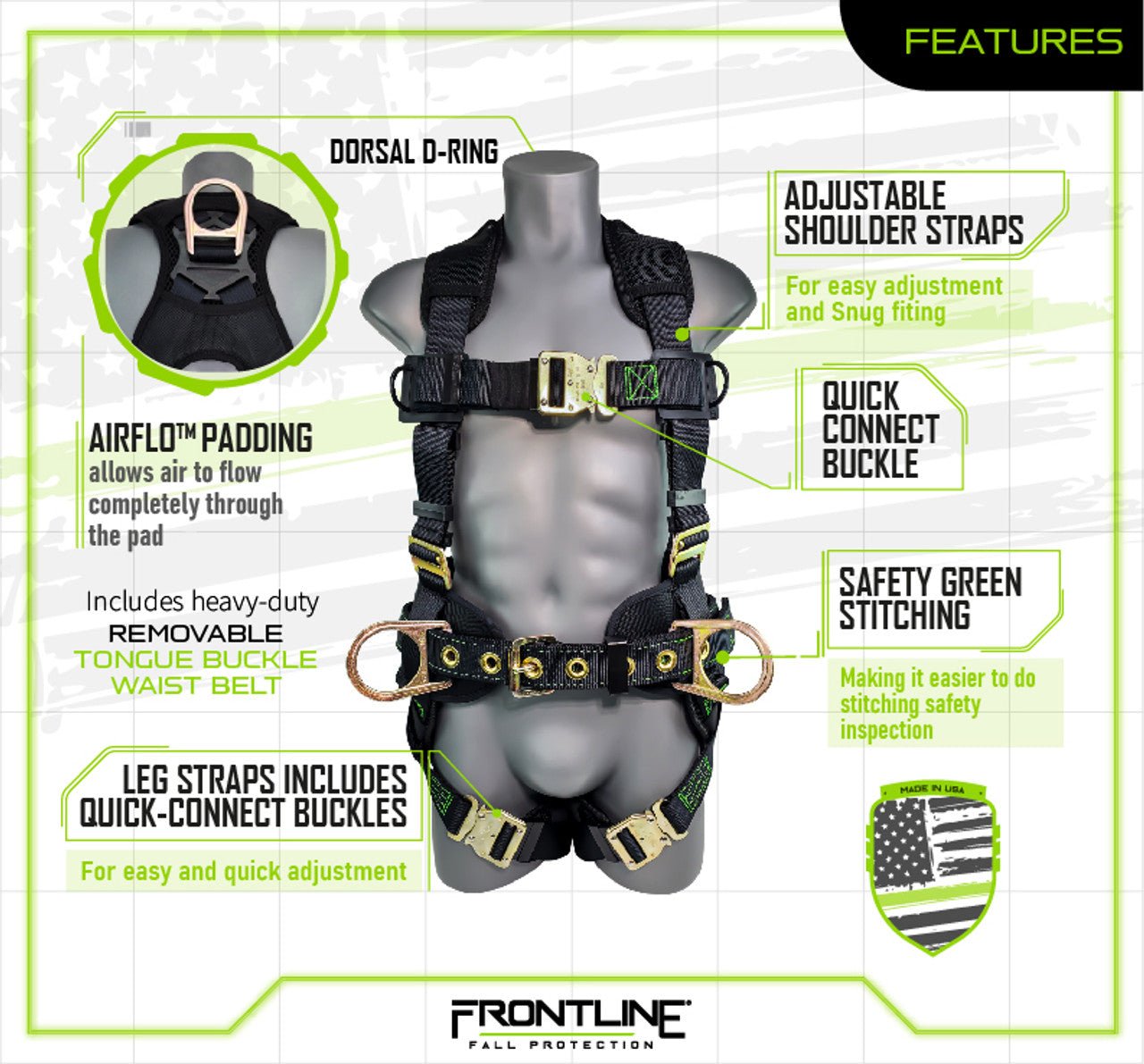 Frontline 350CQC Patriot Construction Harness with Airflo and Quick Connect Buckles - Made in USA Universal - Lined Out Frontline 350CQC Patriot Construction Harness with Airflo and Quick Connect Buckles - Made in USA UniversalWork Safety Harnesses