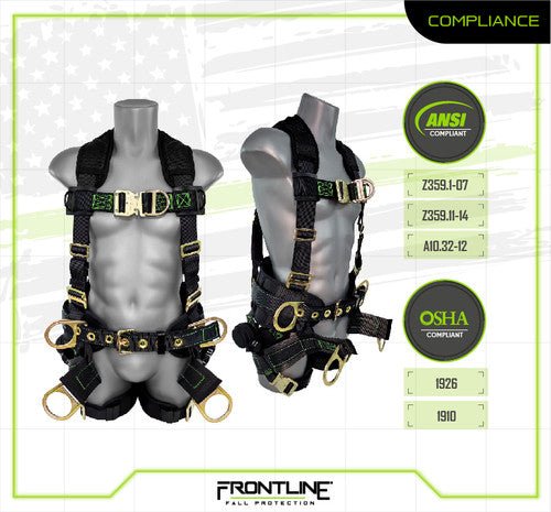 Frontline 350TWQC Patriot Tower Climbing Harness with Seat Sling, Airflo and Quick Connect Buckles - Made in USA 2XL - Lined Out Frontline 350TWQC Patriot Tower Climbing Harness with Seat Sling, Airflo and Quick Connect Buckles - Made in USA 2XLWork Safety Harnesses