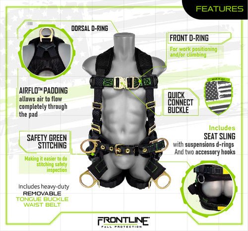 Frontline 350TWQC Patriot Tower Climbing Harness with Seat Sling, Airflo and Quick Connect Buckles - Made in USA 2XL - Lined Out Frontline 350TWQC Patriot Tower Climbing Harness with Seat Sling, Airflo and Quick Connect Buckles - Made in USA 2XLWork Safety Harnesses