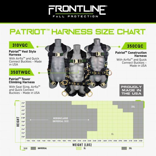 Frontline 350TWQC Patriot Tower Climbing Harness with Seat Sling, Airflo and Quick Connect Buckles - Made in USA 2XL - Lined Out Frontline 350TWQC Patriot Tower Climbing Harness with Seat Sling, Airflo and Quick Connect Buckles - Made in USA 2XLWork Safety Harnesses