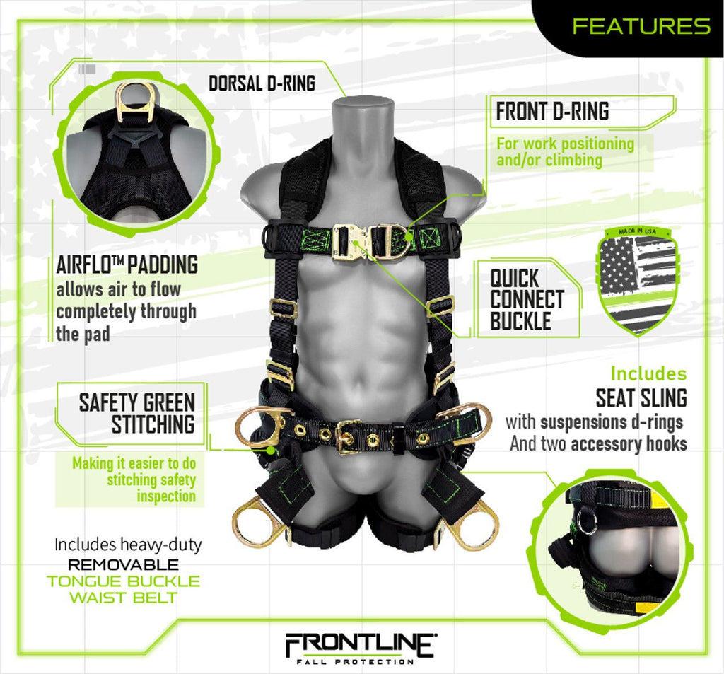 Frontline 350TWQC Patriot Tower Climbing Harness with Seat Sling, Airflo and Quick Connect Buckles - Made in USA Universal - Lined Out Frontline 350TWQC Patriot Tower Climbing Harness with Seat Sling, Airflo and Quick Connect Buckles - Made in USA UniversalWork Safety Harnesses
