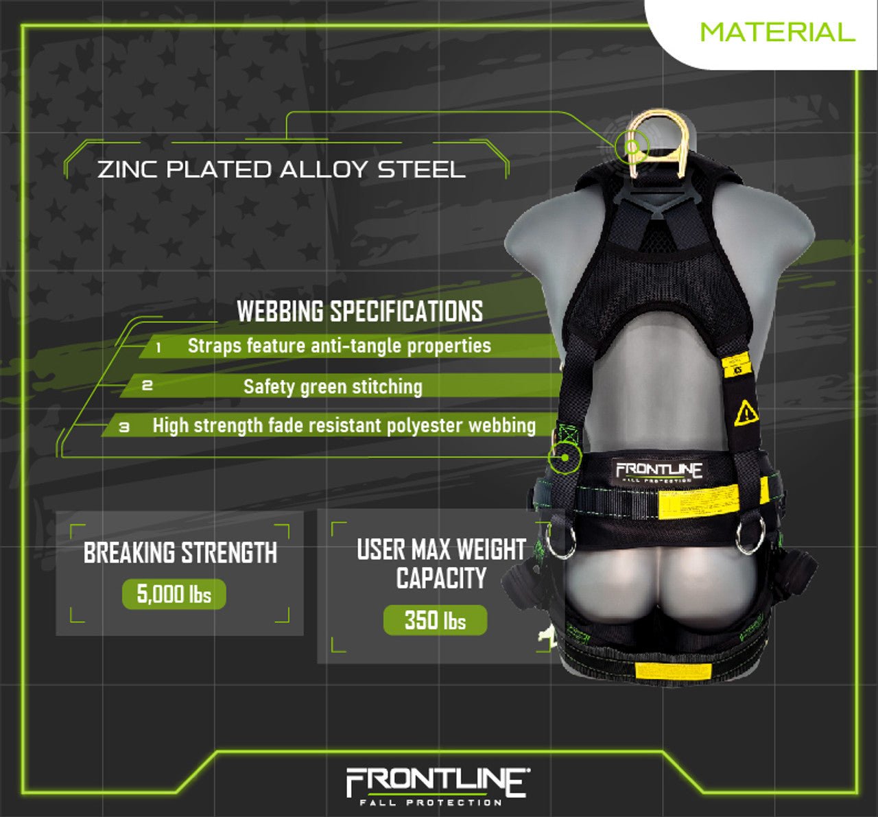 Frontline 350TWQC Patriot Tower Climbing Harness with Seat Sling, Airflo and Quick Connect Buckles - Made in USA Universal - Lined Out Frontline 350TWQC Patriot Tower Climbing Harness with Seat Sling, Airflo and Quick Connect Buckles - Made in USA UniversalWork Safety Harnesses