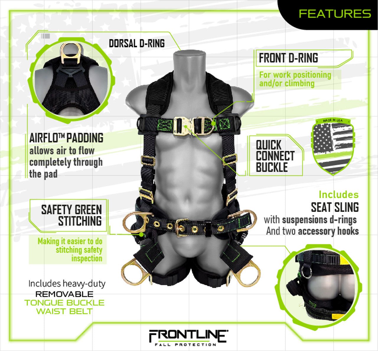 Frontline 350TWQC Patriot Tower Climbing Harness with Seat Sling, Airflo and Quick Connect Buckles - Made in USA XL - Lined Out Frontline 350TWQC Patriot Tower Climbing Harness with Seat Sling, Airflo and Quick Connect Buckles - Made in USA XLWork Safety Harnesses