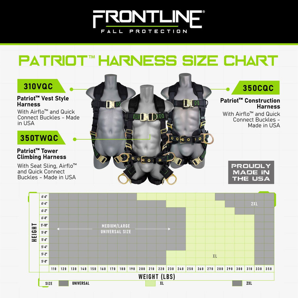 Frontline 350TWQC Patriot Tower Climbing Harness with Seat Sling, Airflo and Quick Connect Buckles - Made in USA XL - Lined Out Frontline 350TWQC Patriot Tower Climbing Harness with Seat Sling, Airflo and Quick Connect Buckles - Made in USA XLWork Safety Harnesses
