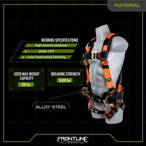 Frontline 50CTB Combat Construction Style Full Body Harness with Tongue Buckle Belt & Legs S - Lined Out Frontline 50CTB Combat Construction Style Full Body Harness with Tongue Buckle Belt & Legs SWork Safety Harnesses