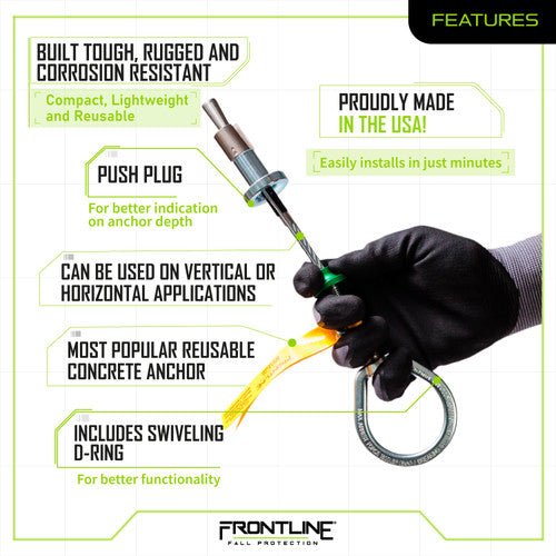 Frontline COB345KSV Reusable 5K Concrete Anchor Bolt with Swiveling D - Ring - Lined Out Frontline COB345KSV Reusable 5K Concrete Anchor Bolt with Swiveling D - RingWork Safety Harnesses
