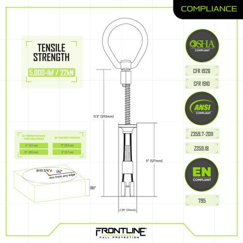 Frontline COB345KSV Reusable 5K Concrete Anchor Bolt with Swiveling D - Ring - Lined Out Frontline COB345KSV Reusable 5K Concrete Anchor Bolt with Swiveling D - RingWork Safety Harnesses