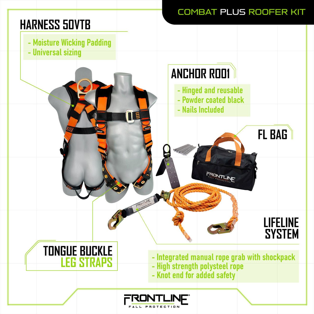 Frontline Combat Complete Roofers Kit Combat Premium Roofer Kit - Lined Out Frontline Combat Complete Roofers Kit Combat Premium Roofer KitWork Safety Harnesses