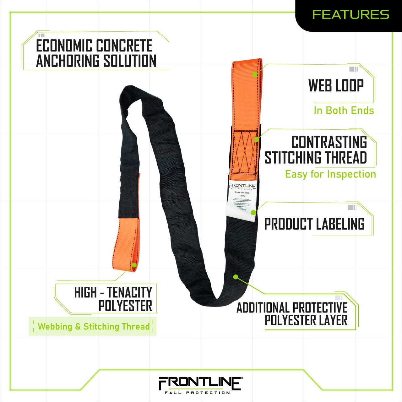 Frontline COSL Concrete Embed Anchor Strap with Looped Ends 6' - Lined Out Frontline COSL Concrete Embed Anchor Strap with Looped Ends 6'Work Safety Harnesses