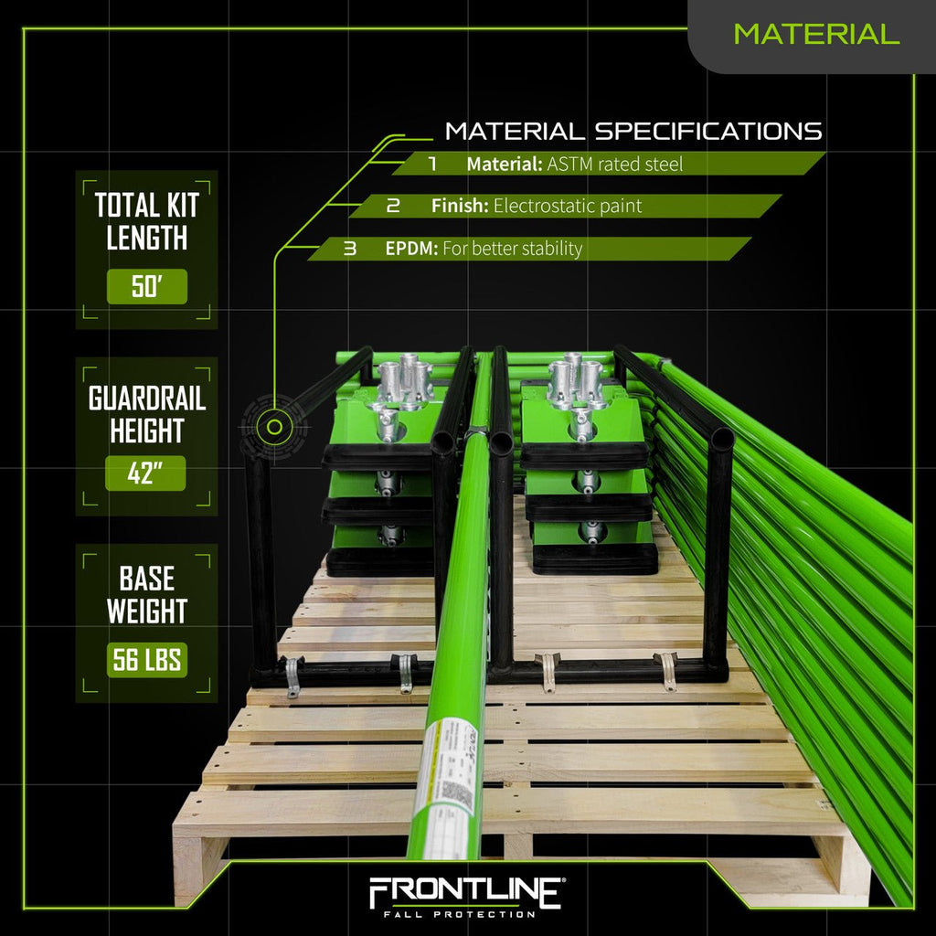 Frontline GUS05HDG Universal 5' Guardrails with Bases Complete Kit (50') - Gray - Lined Out Frontline GUS05HDG Universal 5' Guardrails with Bases Complete Kit (50') - GrayGuardrails