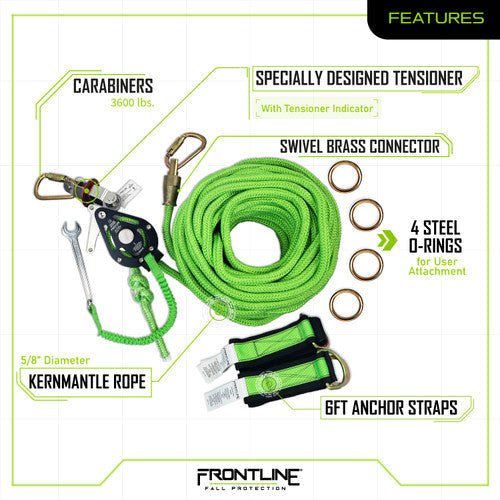 Frontline HLK1004 4 - person 100' Adjustable Horizontal Lifeline System with 6' Anchor Straps - Lined Out Frontline HLK1004 4 - person 100' Adjustable Horizontal Lifeline System with 6' Anchor StrapsWork Safety Harnesses