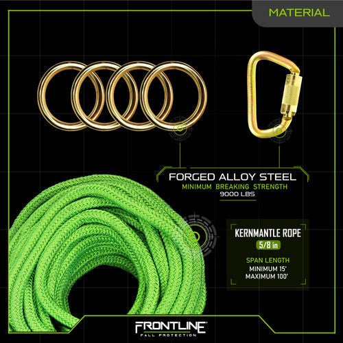 Frontline HLK1004 4 - person 100' Adjustable Horizontal Lifeline System with 6' Anchor Straps - Lined Out Frontline HLK1004 4 - person 100' Adjustable Horizontal Lifeline System with 6' Anchor StrapsWork Safety Harnesses