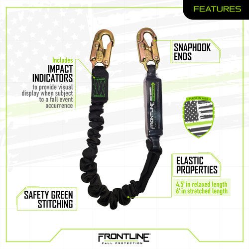 Frontline LES61S - US Patriot 6' Single Leg Elastic Lanyard with Snaphooks - Made in USA - Lined Out Frontline LES61S - US Patriot 6' Single Leg Elastic Lanyard with Snaphooks - Made in USAWork Safety Harnesses