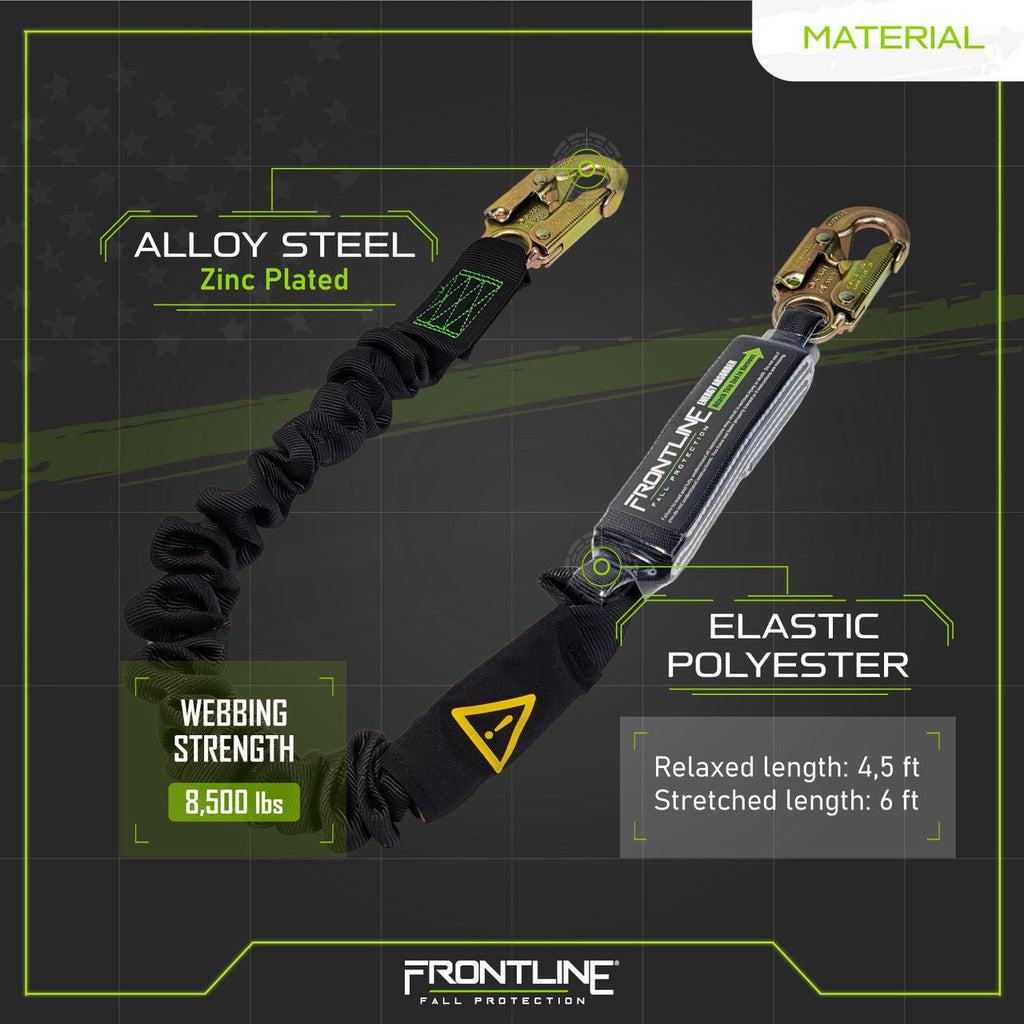 Frontline LES61S - US Patriot 6' Single Leg Elastic Lanyard with Snaphooks - Made in USA - Lined Out Frontline LES61S - US Patriot 6' Single Leg Elastic Lanyard with Snaphooks - Made in USAWork Safety Harnesses