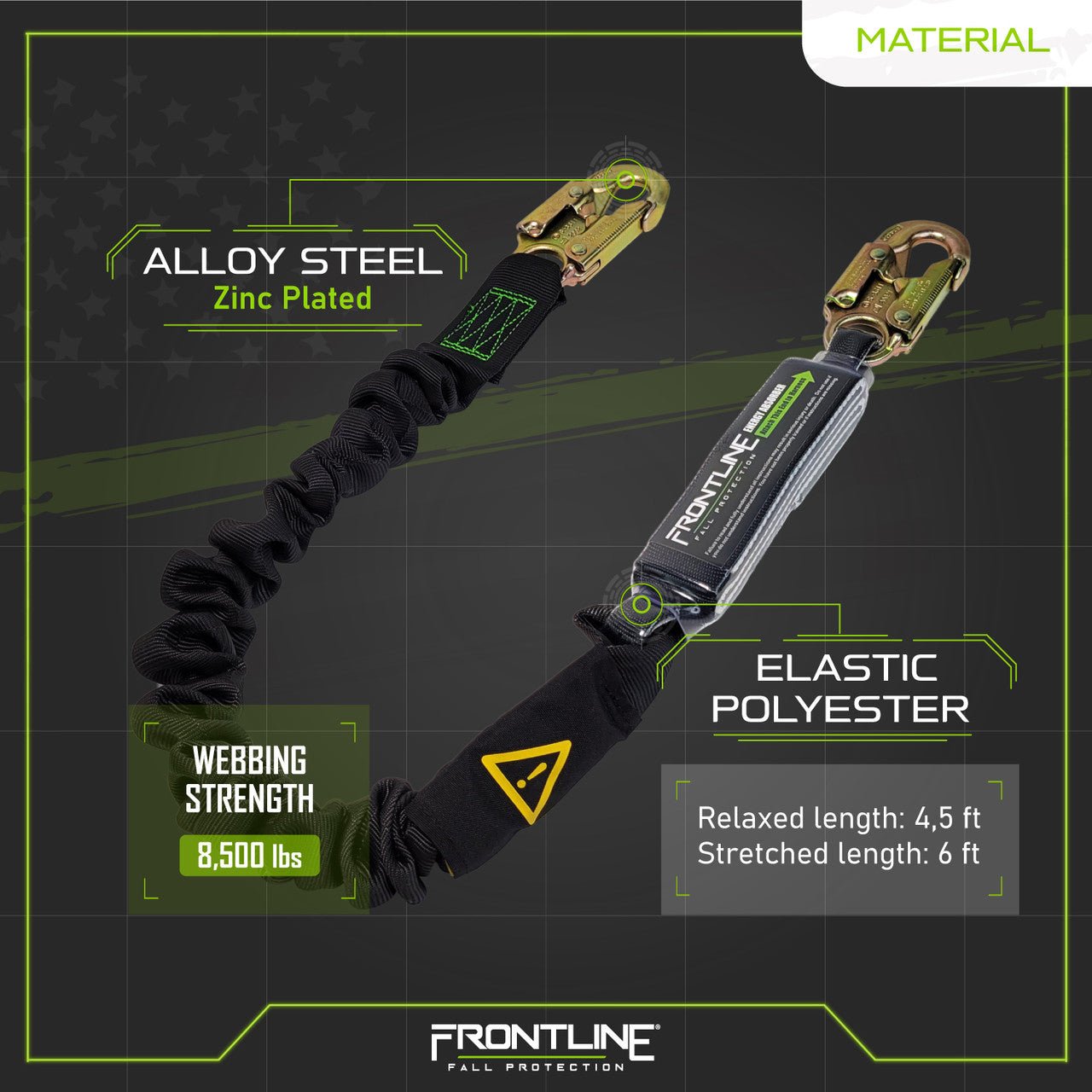 Frontline LES61S - US Patriot 6' Single Leg Elastic Lanyard with Snaphooks - Made in USA - Lined Out Frontline LES61S - US Patriot 6' Single Leg Elastic Lanyard with Snaphooks - Made in USAWork Safety Harnesses