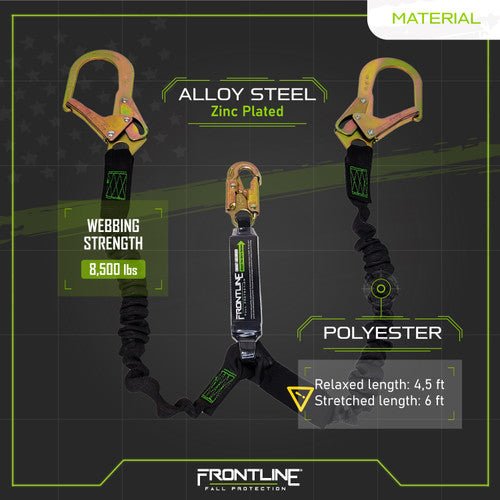 Frontline LES62R - US Patriot 6' Double Leg Elastic Lanyard with Rebar Hook Ends - Made in USA - Lined Out Frontline LES62R - US Patriot 6' Double Leg Elastic Lanyard with Rebar Hook Ends - Made in USAWork Safety Harnesses