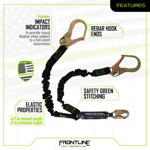 Frontline LES62R - US Patriot 6' Double Leg Elastic Lanyard with Rebar Hook Ends - Made in USA - Lined Out Frontline LES62R - US Patriot 6' Double Leg Elastic Lanyard with Rebar Hook Ends - Made in USAWork Safety Harnesses