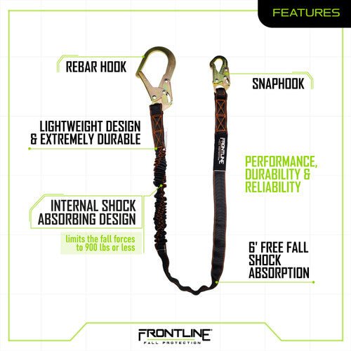 Frontline LIS61R Combat 6' Single Leg Rebar Hook End Lanyard with Internal Shock Absorber - Lined Out Frontline LIS61R Combat 6' Single Leg Rebar Hook End Lanyard with Internal Shock AbsorberWork Safety Harnesses