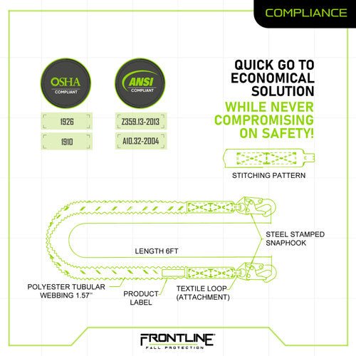 Frontline LIS61S Combat 6' Single Leg Snaphook Lanyard with Internal Shock Absorber - Lined Out Frontline LIS61S Combat 6' Single Leg Snaphook Lanyard with Internal Shock AbsorberWork Safety Harnesses