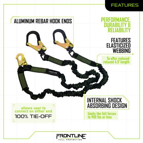 Frontline LIS62RA Elite Lite Elastic Twin Leg 6' Aluminum Rebar Hook Lanyard - Lined Out Frontline LIS62RA Elite Lite Elastic Twin Leg 6' Aluminum Rebar Hook LanyardWork Safety Harnesses