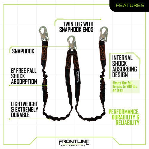Frontline LIS62S Combat 6' Double Leg Snaphook Lanyard with Internal Shock Absorber - Lined Out Frontline LIS62S Combat 6' Double Leg Snaphook Lanyard with Internal Shock AbsorberWork Safety Harnesses