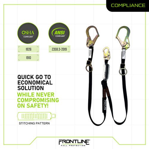 Frontline LPO62RADJ Combat 6' Tie - Back Double Leg Shock Absorbing Lanyard with Rebar Hooks - Lined Out Frontline LPO62RADJ Combat 6' Tie - Back Double Leg Shock Absorbing Lanyard with Rebar HooksWork Safety Harnesses