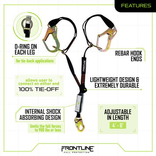 Frontline LPO62RADJ Combat 6' Tie - Back Double Leg Shock Absorbing Lanyard with Rebar Hooks - Lined Out Frontline LPO62RADJ Combat 6' Tie - Back Double Leg Shock Absorbing Lanyard with Rebar HooksWork Safety Harnesses