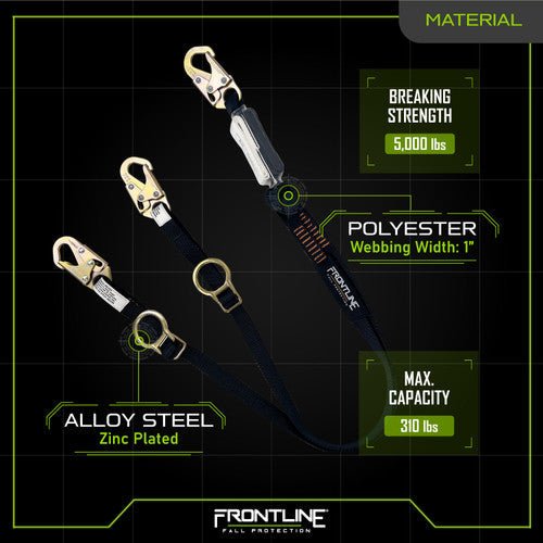 Frontline LPO62SADJ Combat 6' Tie - Back Double Leg Shock Absorbing Lanyard with Snaphooks - Lined Out Frontline LPO62SADJ Combat 6' Tie - Back Double Leg Shock Absorbing Lanyard with SnaphooksWork Safety Harnesses