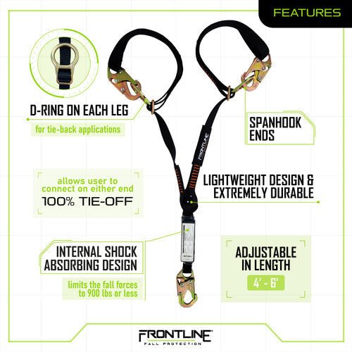 Frontline LPO62SADJ Combat 6' Tie - Back Double Leg Shock Absorbing Lanyard with Snaphooks - Lined Out Frontline LPO62SADJ Combat 6' Tie - Back Double Leg Shock Absorbing Lanyard with SnaphooksWork Safety Harnesses