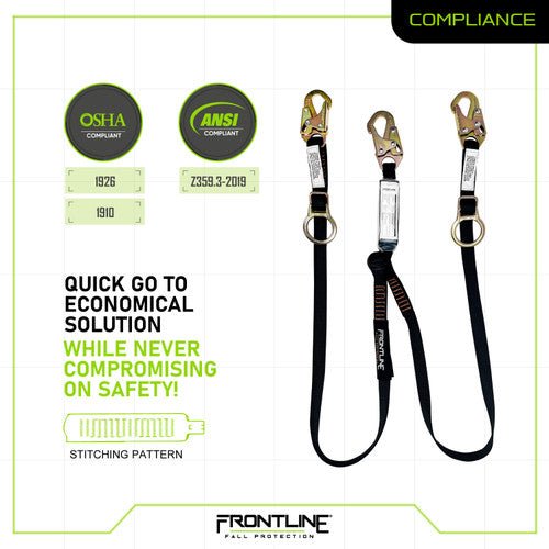 Frontline LPO62SADJ Combat 6' Tie - Back Double Leg Shock Absorbing Lanyard with Snaphooks - Lined Out Frontline LPO62SADJ Combat 6' Tie - Back Double Leg Shock Absorbing Lanyard with SnaphooksWork Safety Harnesses
