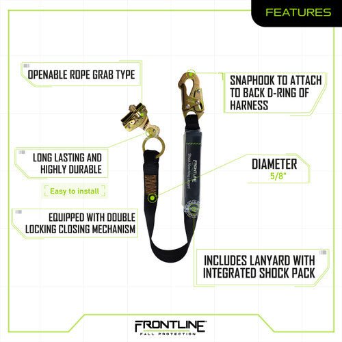 Frontline RGSS58ES Self - tracking Rope Grab 5/8" with 3' Lanyard - Lined Out Frontline RGSS58ES Self - tracking Rope Grab 5/8" with 3' LanyardWork Safety Harnesses