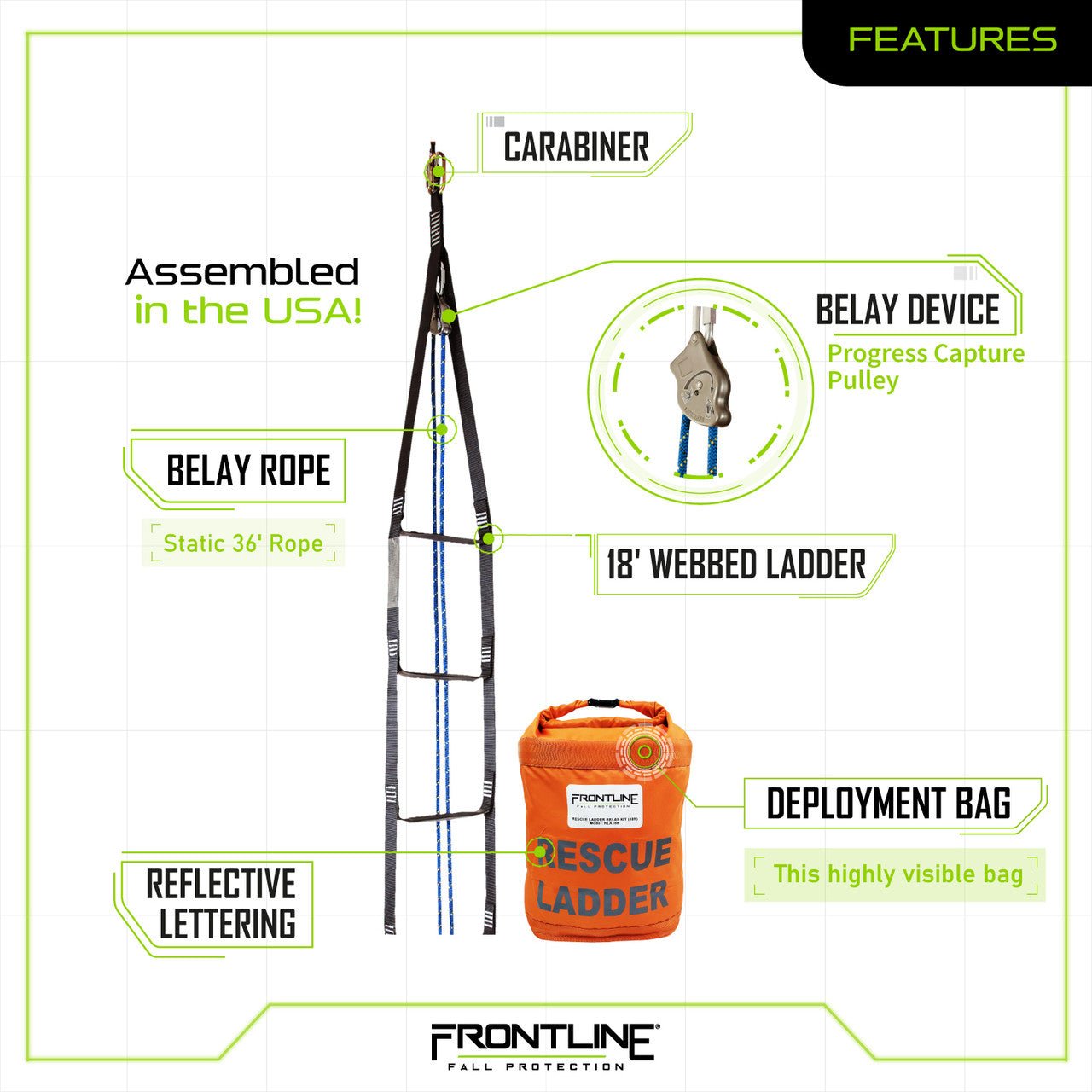 Frontline RLA18B Rescue 18' Ladder Kit with Pulley System - Lined Out Frontline RLA18B Rescue 18' Ladder Kit with Pulley SystemWork Safety Harnesses