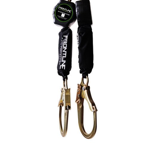 Frontline RPA062R Aramid Fiber Web Twin Leg 6' SRL with Steel Rebar Hook Ends - Lined Out Frontline RPA062R Aramid Fiber Web Twin Leg 6' SRL with Steel Rebar Hook EndsWork Safety Harnesses