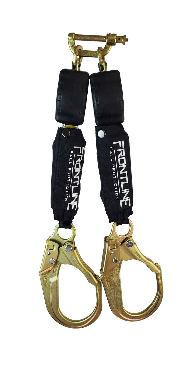 Frontline RPA062R Aramid Fiber Web Twin Leg 6' SRL with Steel Rebar Hook Ends - Lined Out Frontline RPA062R Aramid Fiber Web Twin Leg 6' SRL with Steel Rebar Hook EndsWork Safety Harnesses